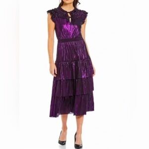 Adelyn Rae Barbara Metallic Purple Ruffled Tiered Midi Party Dress S